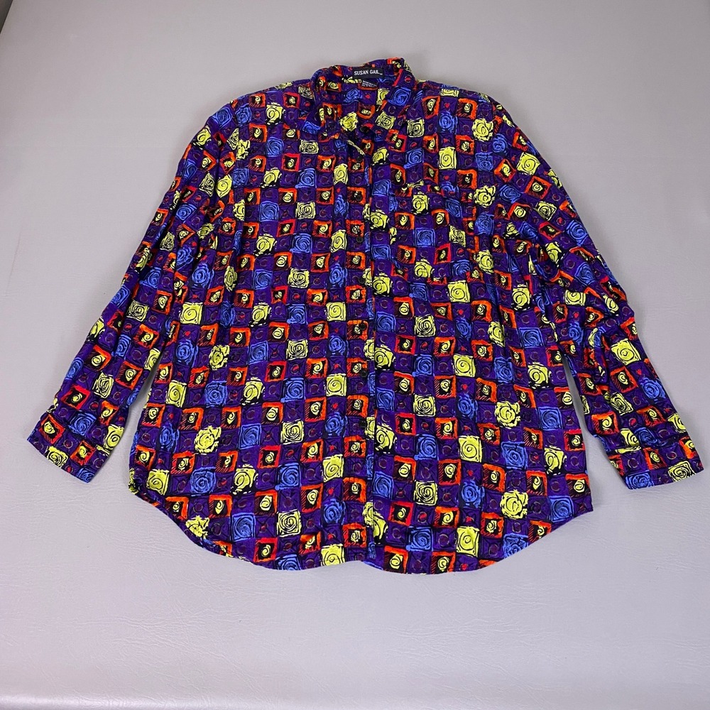 Vintage Susan Blouse Top Womens XL Gail Rayon Abstract Geometric Print Button Up